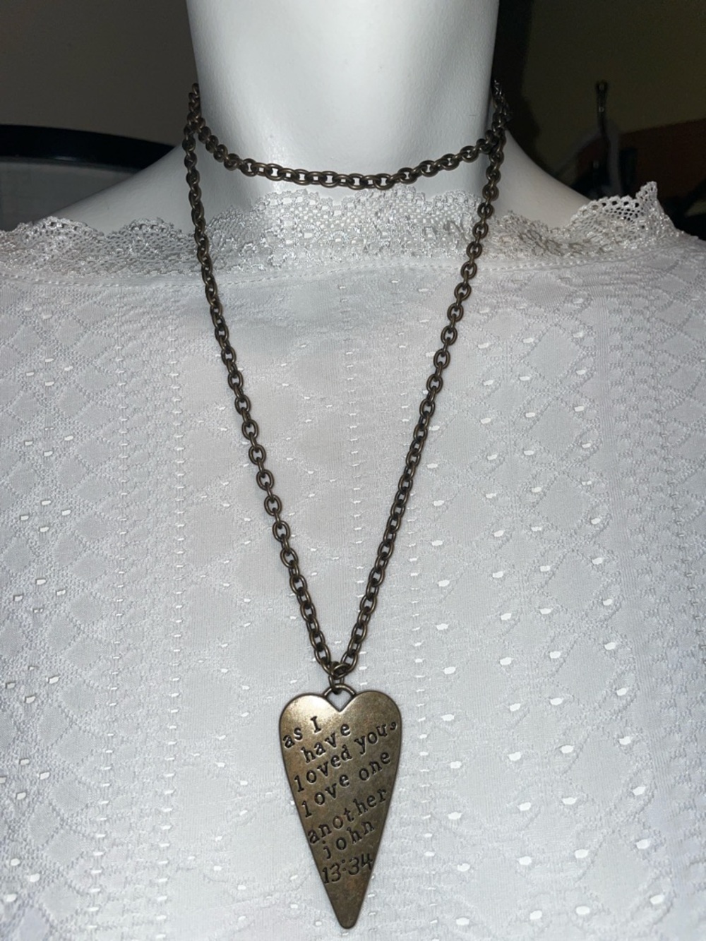 Plunder John 13:34 Scripture Necklace • Heart Charm • Bronze‑Tone Adjustable
